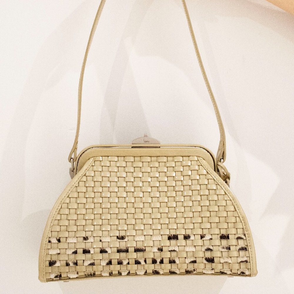 PATENT LEATHER Cream Leather Woven Satchel bag - fur weave patent leather